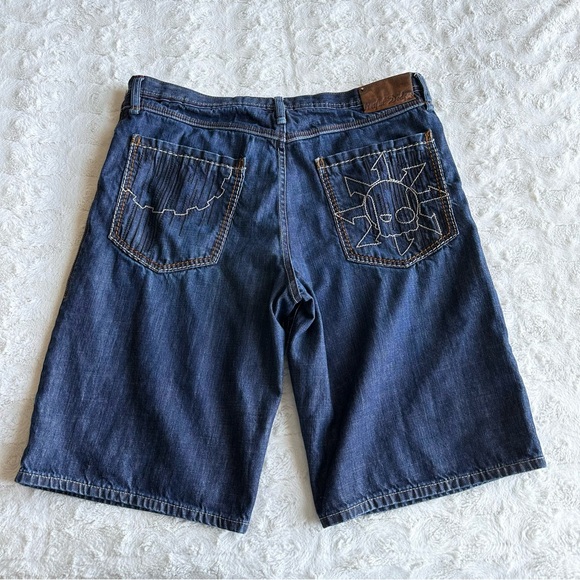 Artful Dodger Other - Artful Dodger Denim Shorts Jorts Mens 38 Blue Skull Embroidered Baggy Loose Y2K